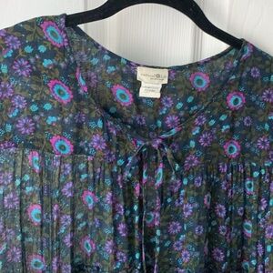 NATURAL LIFE Black Blouse with Purple and Blue Floral Design. Like new sheer. OS